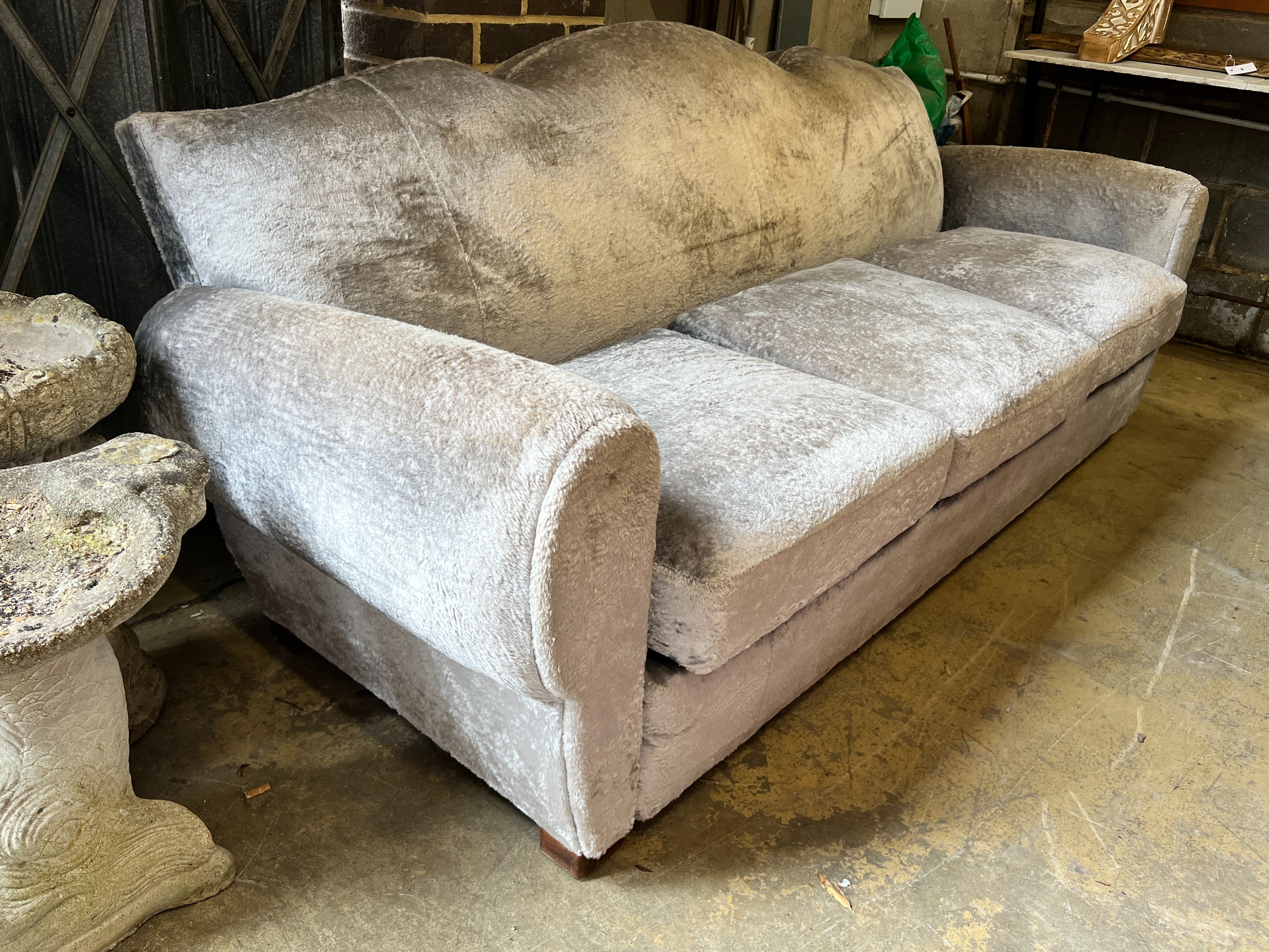 A French three seater sofa with shaped back, length 210cm, depth 84cm, height 76cm